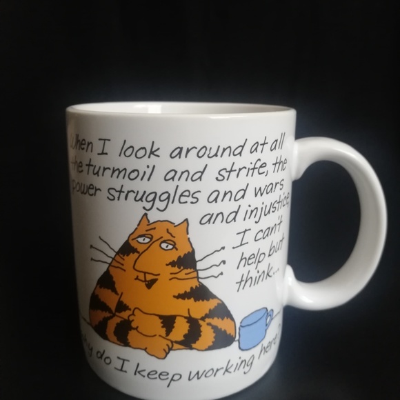 Snarky Cat Cartoon Ceramic Mug "Why do I keep working here" Funny Coffee Mug - Picture 4 of 5